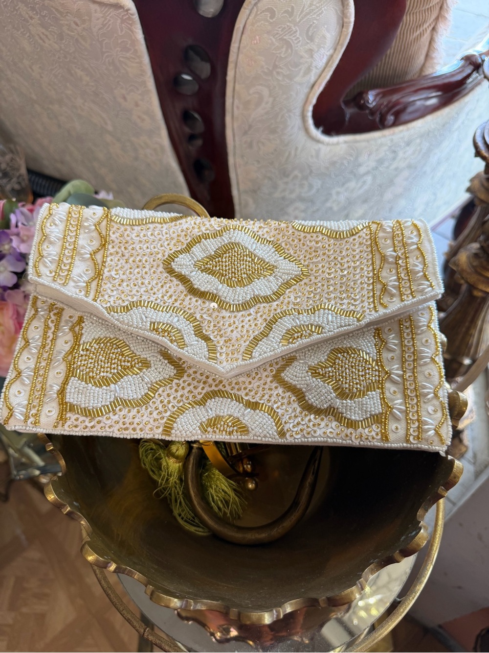 White & Gold Hand Beaded Envelope Clutch Crossbody Bag - Picture 9 of 13